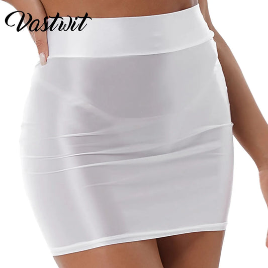 Womens Glossy High Waist Bodycon Mini Skirts Casual Solid Color Rave Party Clubwear Elastic Performance Pencil Skirt Miniskirt